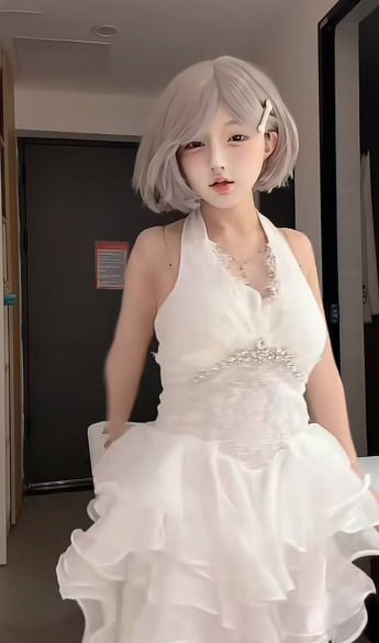 白璃怕疼银灰短发与白色分层裙摆的室内站姿
