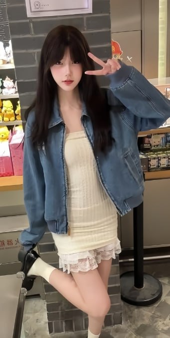 一只香 牛仔外套搭配浅色针织连衣裙的灰砖墙前单腿屈膝站姿 一只香 牛仔外套搭配浅色针织连衣裙的灰砖墙前单腿屈膝站姿